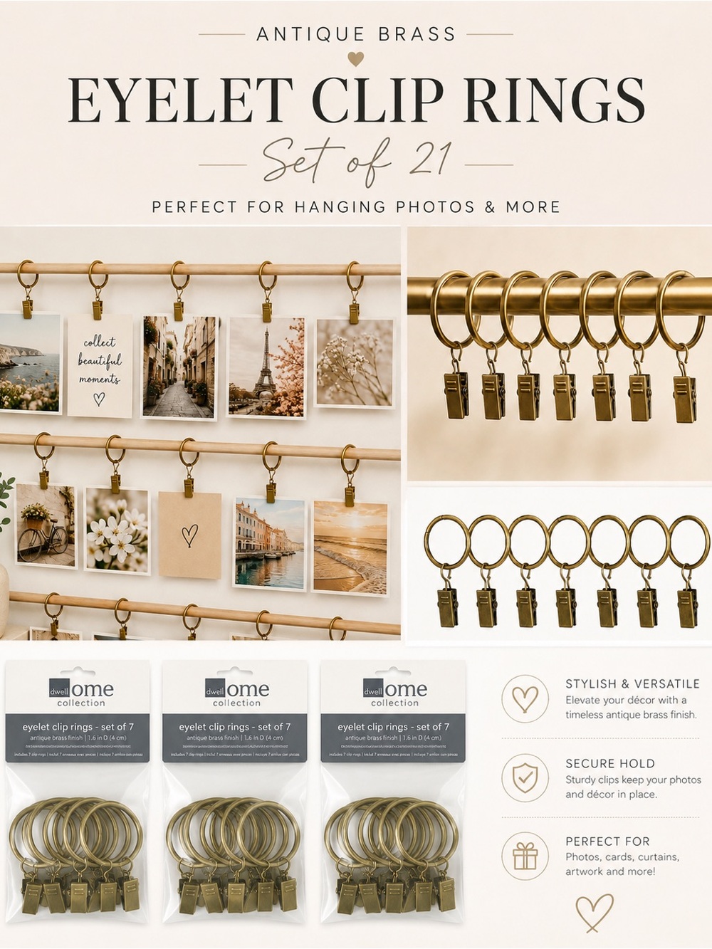 Dwell Home Antique Brass Eyelet Clip Rings Set Lot 21 Curtain Clips
